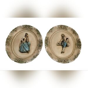 Set of Vintage 3D Chalkware Wall Plaque Victorian Man & Woman Elegant Dress Wear